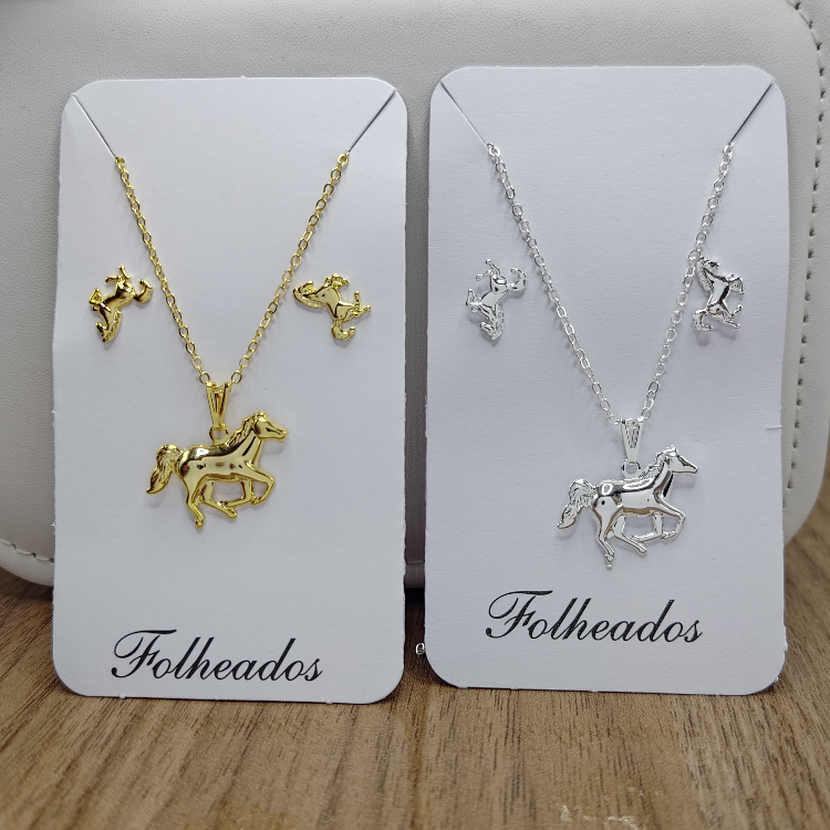 Kit Country Colar E Brinco Cavalo Banhado No Ouro 18K - Prata 925