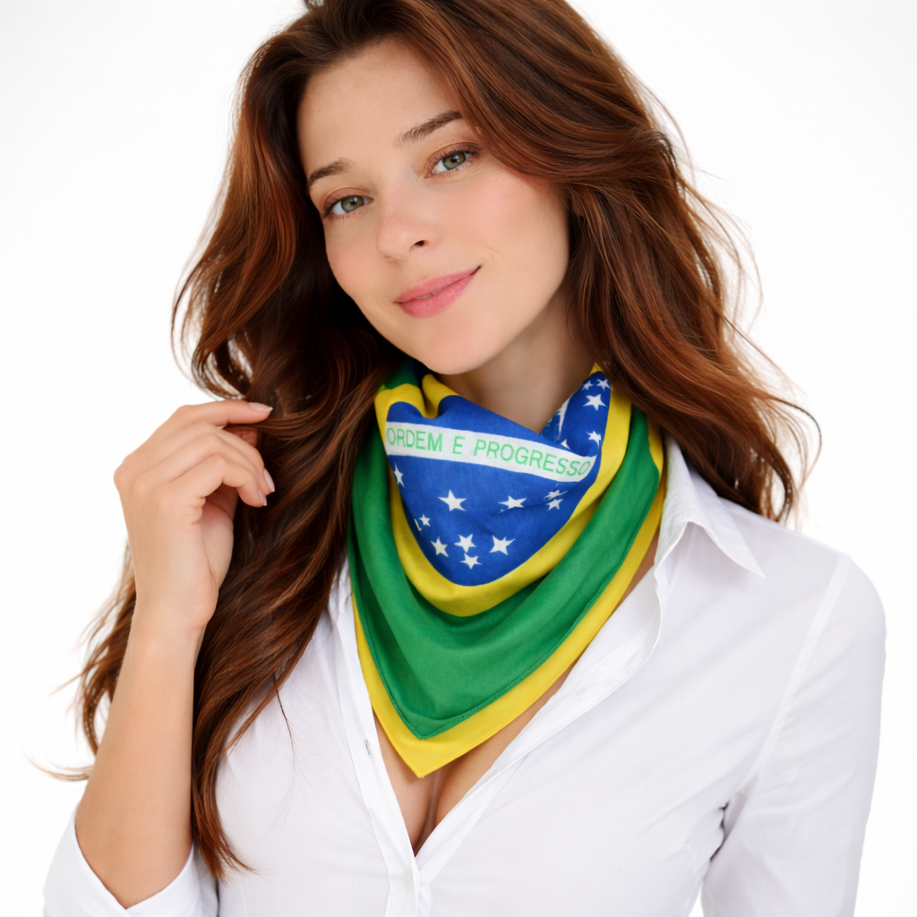 Lenço Feminino Brasil 55x55 Bandana Unissex Moda Copa do Mundo   Estilo Cabeça Pescoço Bolsa Tendência 2026