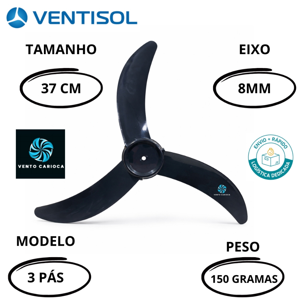 Hélice Ventisol 50 cm 3 Pás VOP50 Turbo Eixo 8mm
