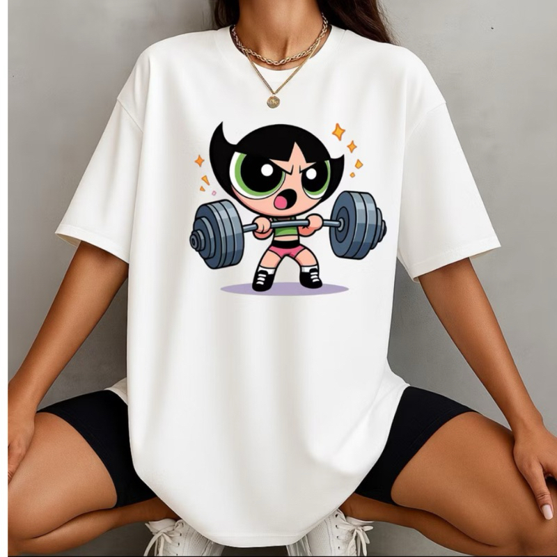 Camiseta Feminina Oversized com Estampa  Meninas SuperPoderosas Docinho Fitness Treino 100% Algodão.Estoque Limitado