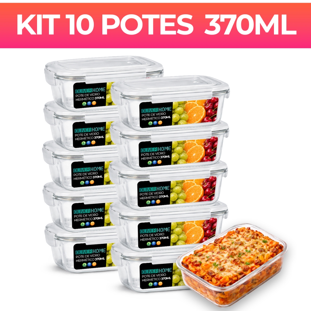 Conjunto 10 ou 5 / 3 Potes Herméticos Alimentos Marmita Fitness vidro Retangular 370ml - OliverHome