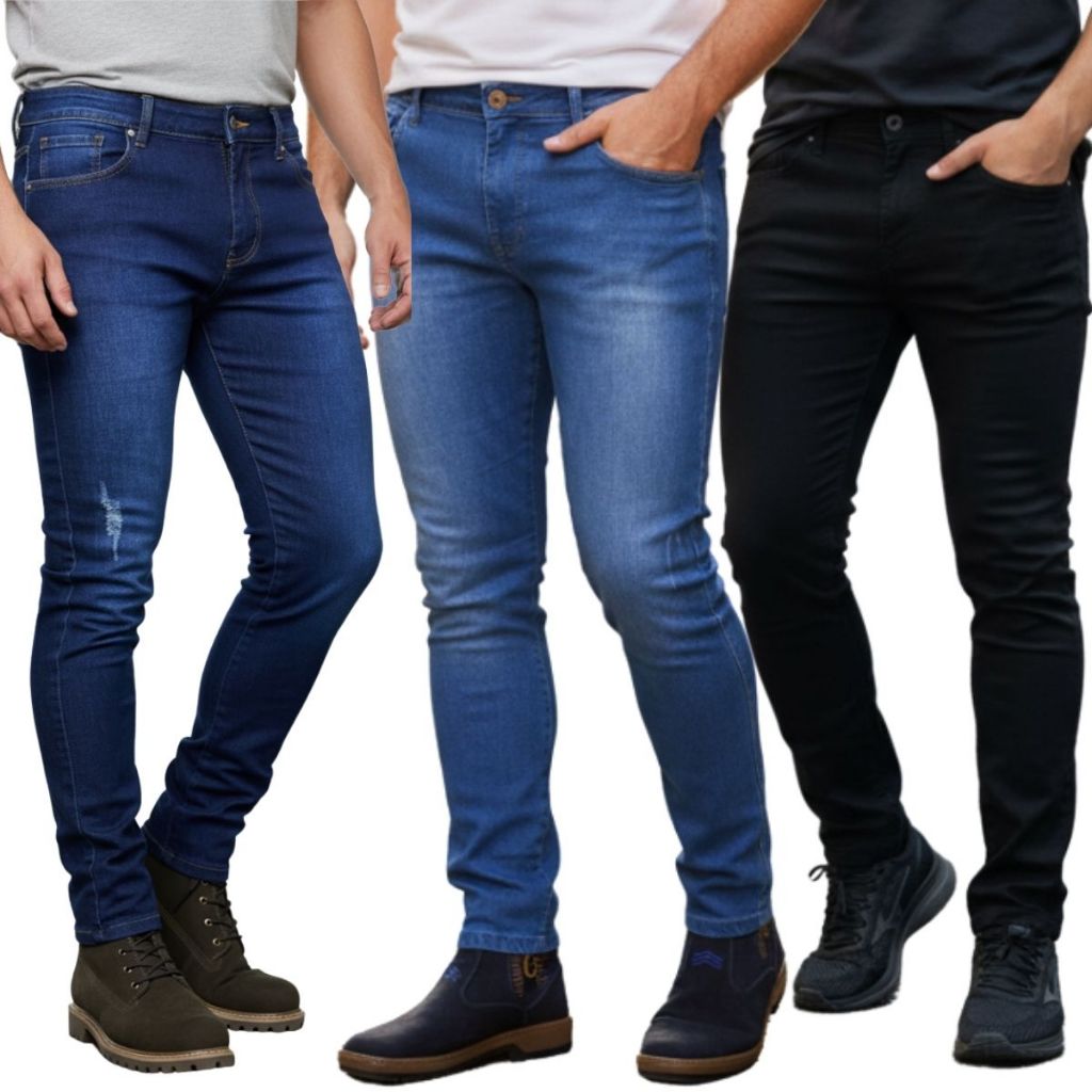 Calça Jeans Masculina Kit Com 3 Slim Fit Premium Lycra