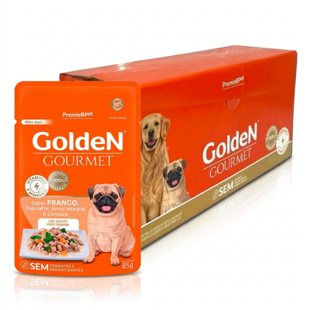 Golden Gourmet sachê de FRANGO para Cães Adultos PORTE PEQUENO- 100% Natural e Sem Corantes, 20x85g-  COMPRE +2 E GANHE!