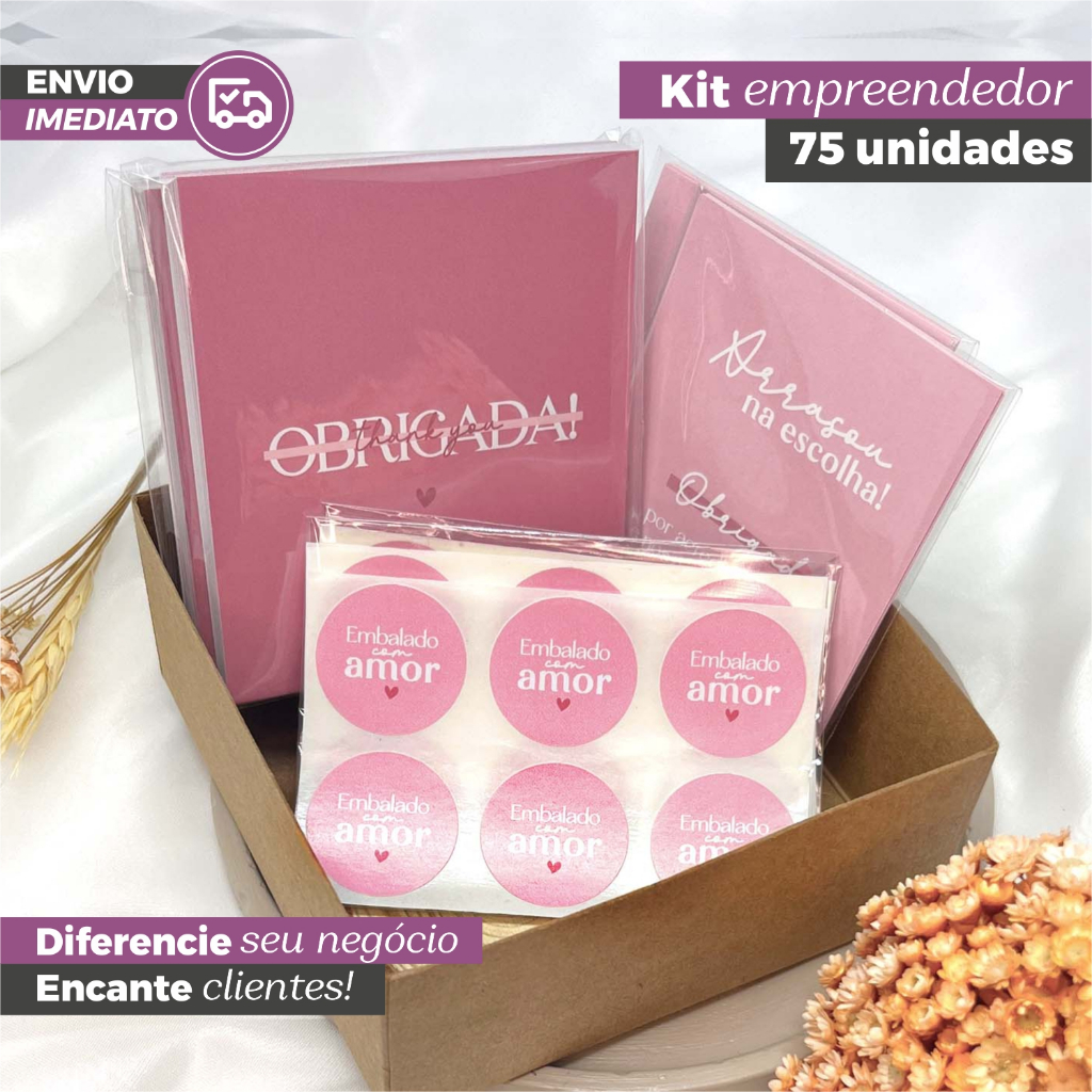 Kit 75 itens Empreendedor para loja Rosa | para envio de pedidos | para encomendas | papelaria para unboxing