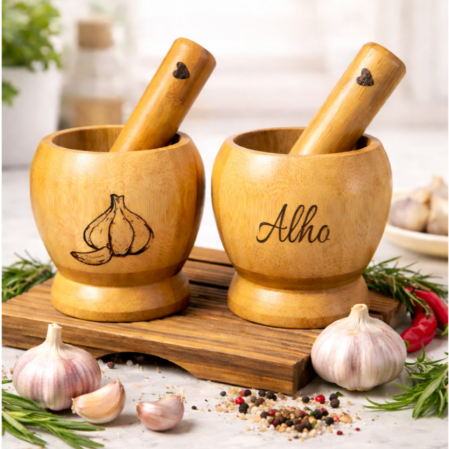 Pilão e Socador de Alho e Temperos - em Bambu - Personalizado