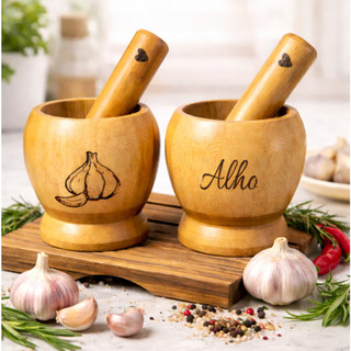 Pilão e Socador de Alho e Temperos - em Bambu - Personalizado