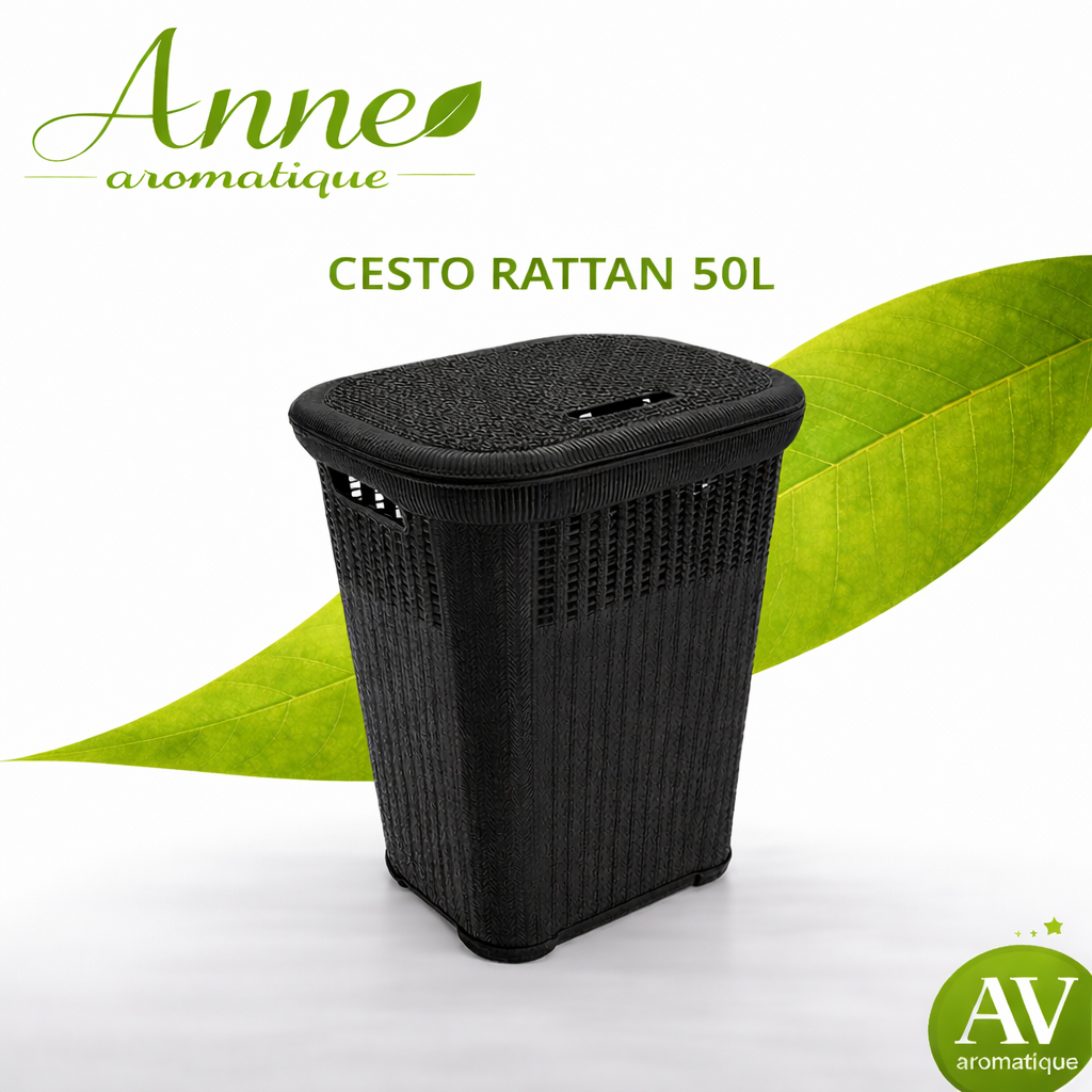 Cesto de Roupas Preto Rattan 50L com Tampa Multiuso Premium Banheiro Escritório Lavanderia