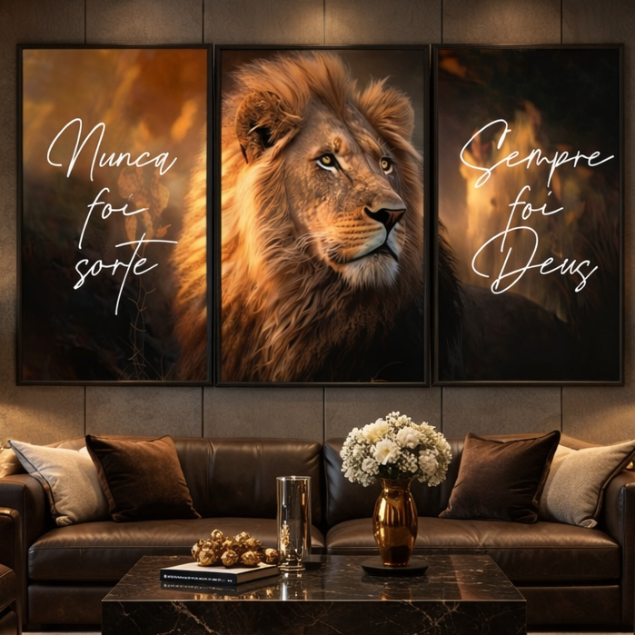 Kit 3 Quadros Leão Motivacional Frases Força Fé Superação Decoração MDF