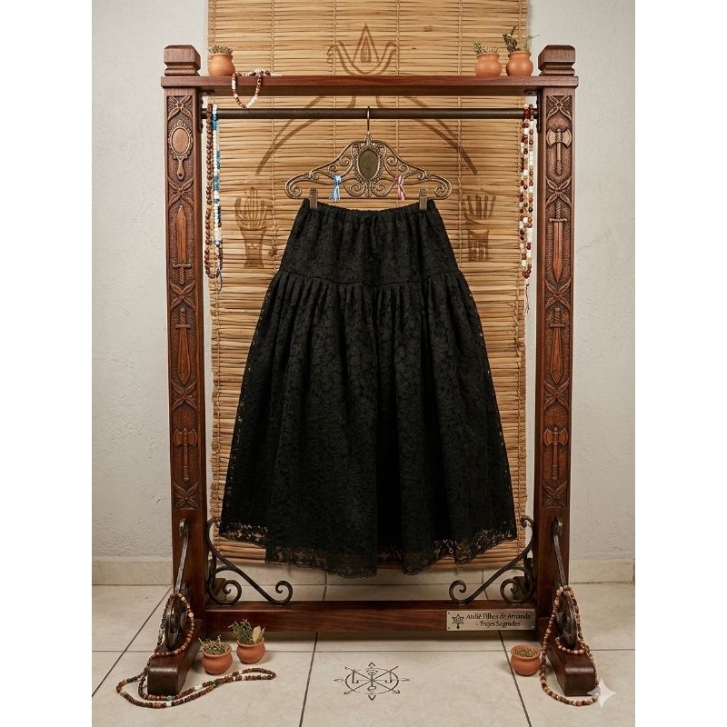 Saia de renda preta longa umbanda e candomblé, para lebara em renda preta com forro 3m de roda, Exu, pombo gira, umbanda