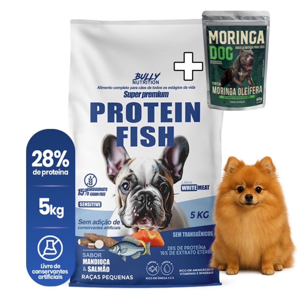 Ração Fish Protein Raças Pequenas Spitz Alemão Bully Nutrition 5Kg + MoringaDog 60g