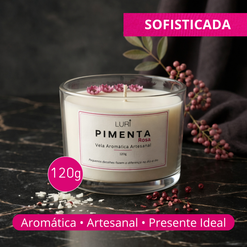 Vela Aromática Pimenta Rosa 120g Aroma Intenso Relaxante Presente Decorativo LURI
