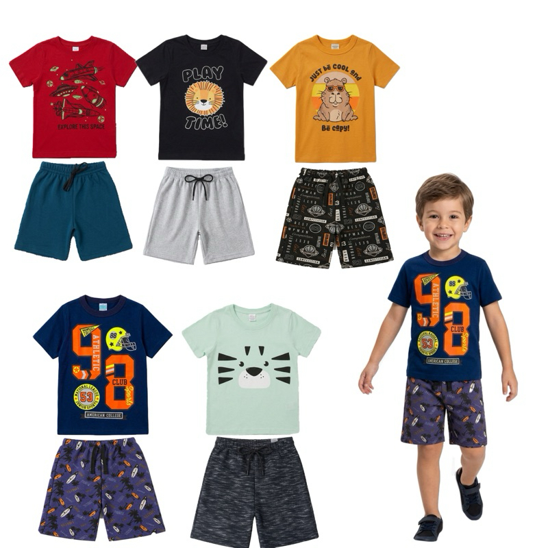 Kit 4 Conjuntos infantis 4 Camisetas + 4 Bermudas - Conjuntos Masculino Verão confortável estiloso
