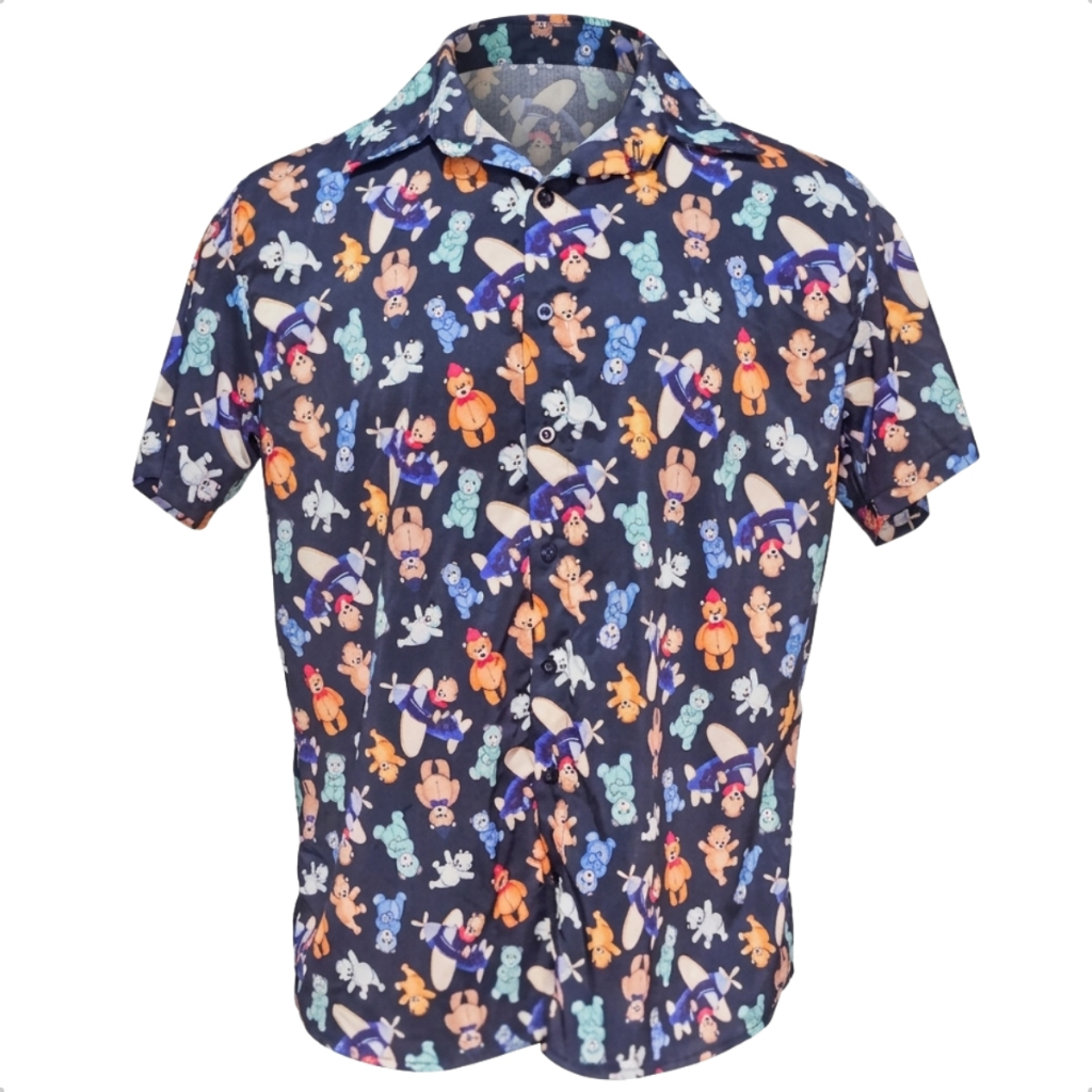 Camisa Masculina Estampada Manga Curta Casual Botão Verão Ursinho