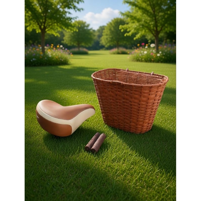 Kit Cesta Nylon C/Tampa Marrom + Selim Beach Marrom + Punho manopla Marrom