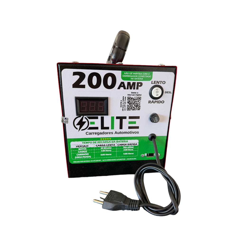Carregador de Bateria 200A Elite Profissional p/Carros Caminhões e Motos Portátil c/Display Digital