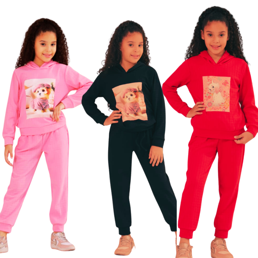 Conjunto Moletom Infantil Menina Com Estampas  – 4 a 12 Anos – Cores Sortidas – Roupas de Frio Quentinho e Confortável