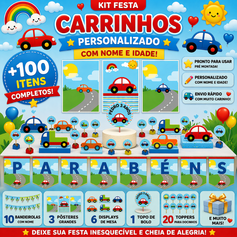 KIT FESTA CARRINHOS CARRO CARROS  PERSONALIZADO SÓ UM BOLINHO|MÊSVERSÁRIO ANIVERSÁRIO 100 ITENS|LEMBRANCINHA