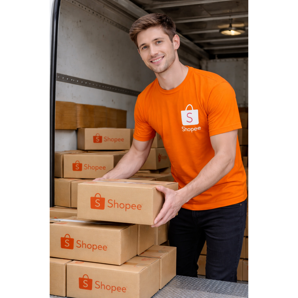 Camiseta Shopee Camisa Uniforme Profissional Entregador Ponto Coleta Frente e Costas