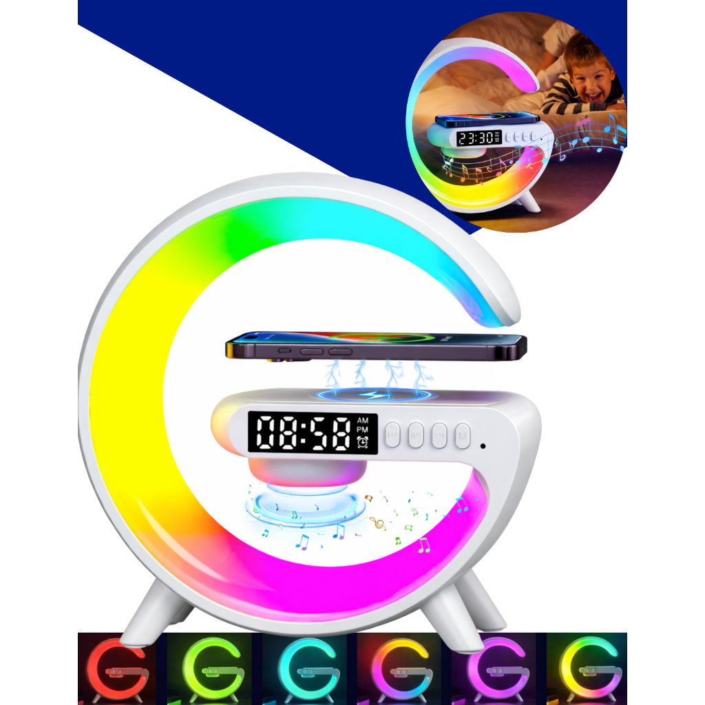 Luminária LED Carregador por Indução com Relógio Despertador e Caixa de Som Bluetooth RGB