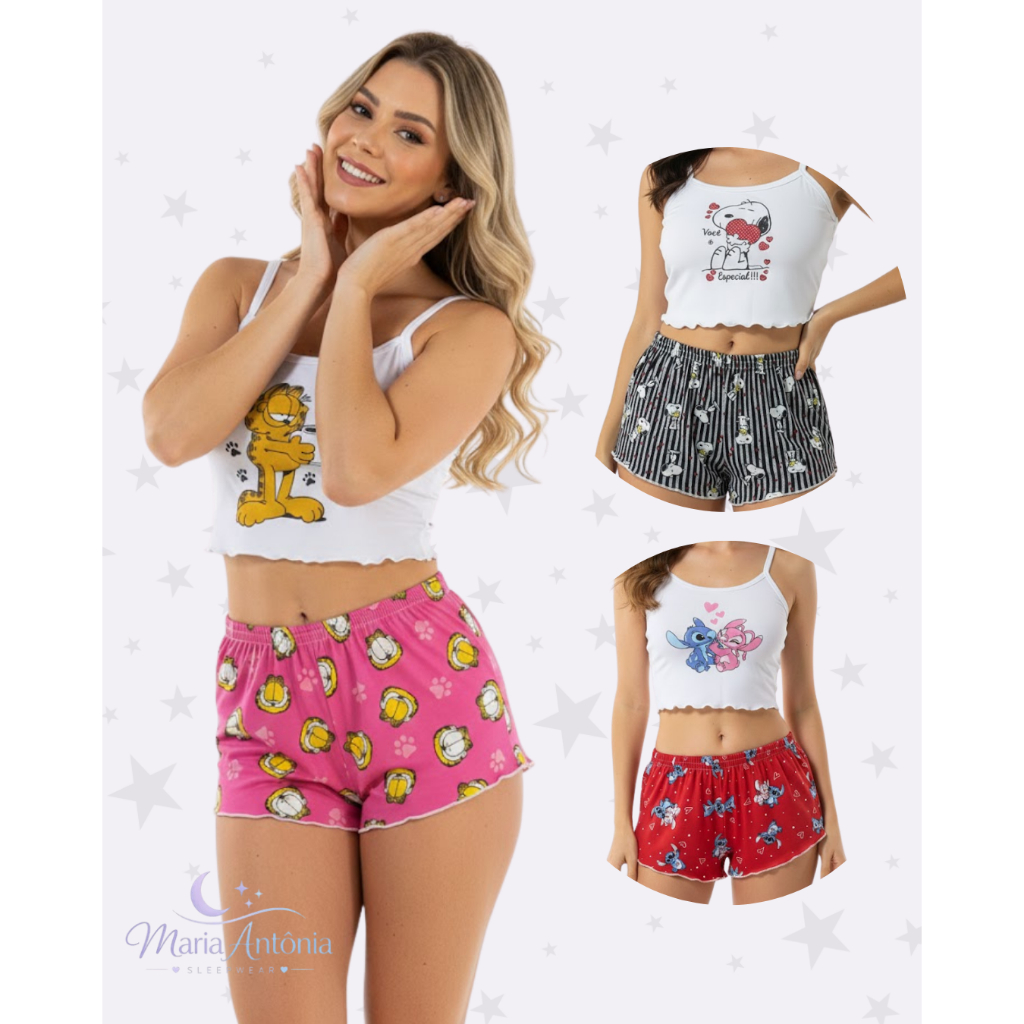 Pijama Personagem Suede Baby Doll Blogueirinha Cropped Short doll Suede Luxo Ondinha Sensual Sexy