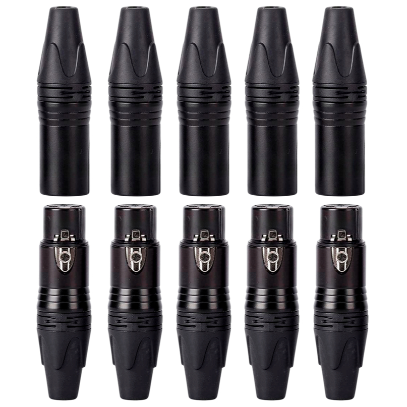 Kit 10 Conector Plug Xlr Canon Cannon 5 Macho 5 Fêmea Profissional Som Áudio - Eletrolon Preto