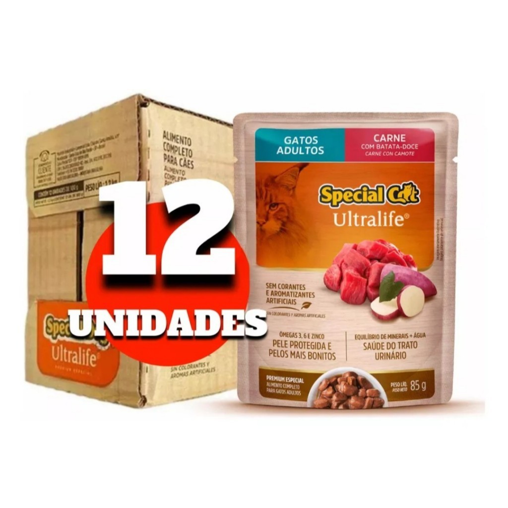 Ração Úmida Special Cat  Sachê Carne com Alimentação Completa e Equilibrada 12x85g