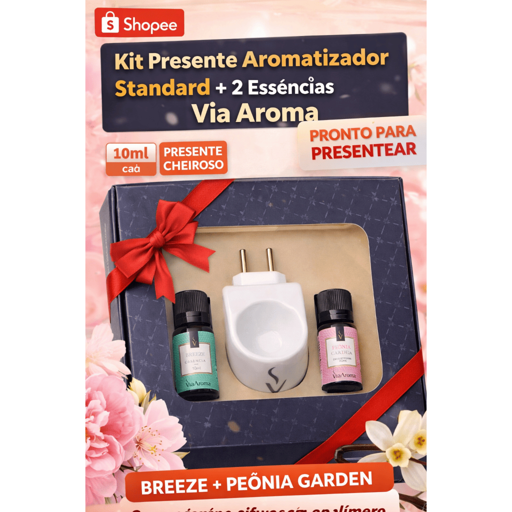 Kit Aromatizador Elétrico Standard Via Aroma + 2 Essências 10ml (Breeze + Peônia Garden) Difusor Tomada Presente Cheiros