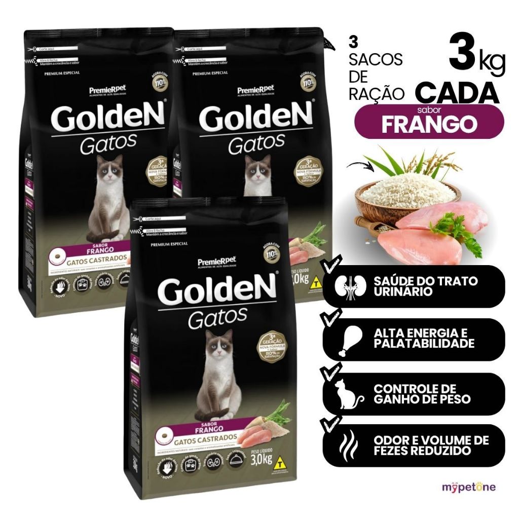 3 Ração Para Gatos Castrados Golden Frango 3kg Premier Pet