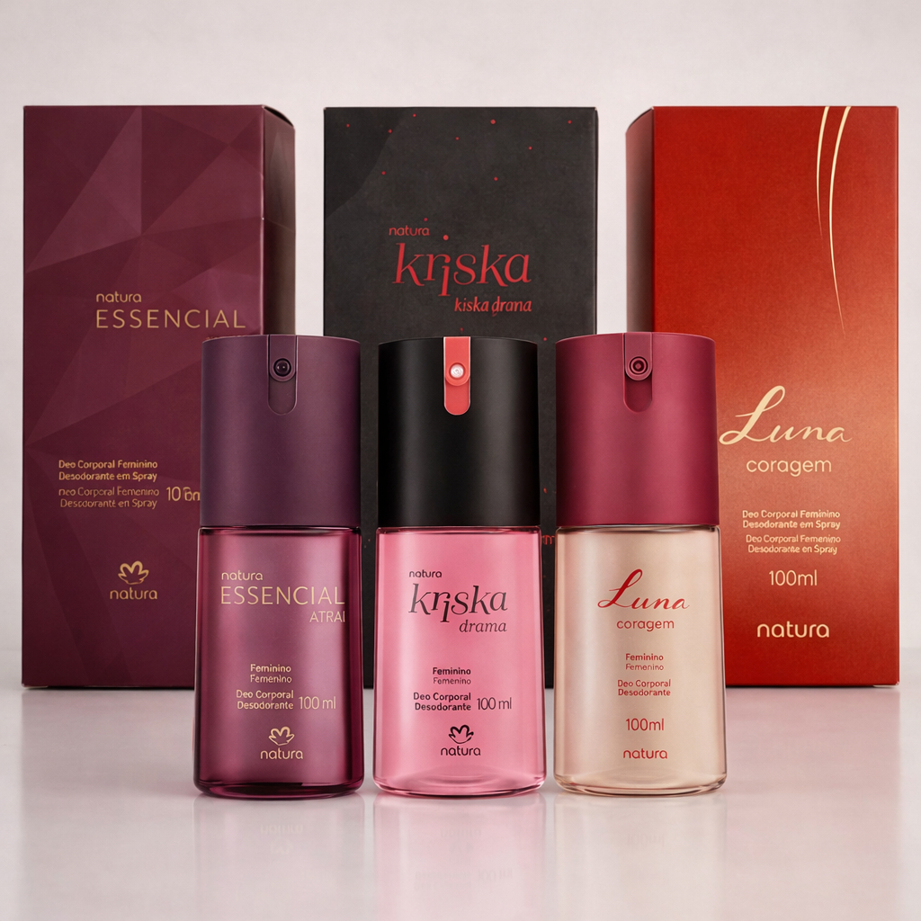 Kit 3 Natura Essencial Atrai Kriska Drama Luna Coragem Deo Spray Feminino 100ml Cada Original C/3 Un