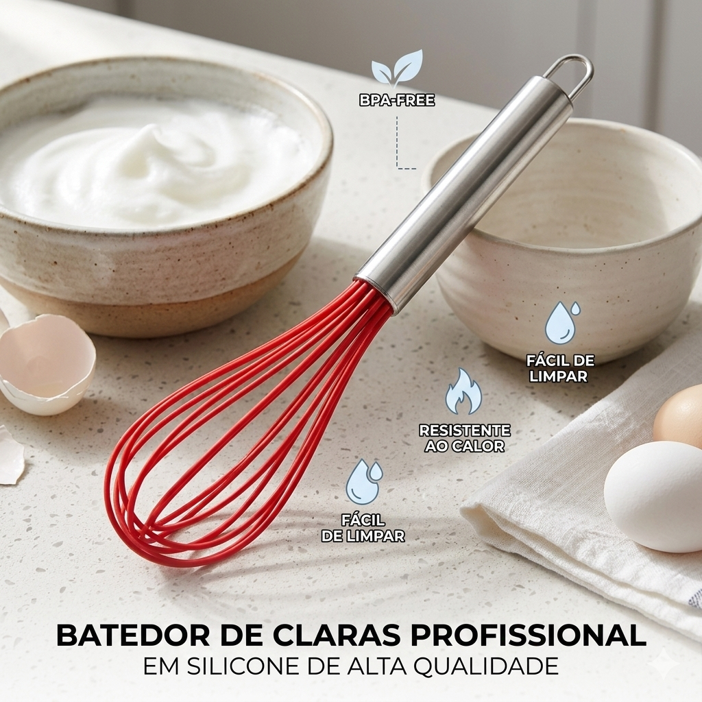 BATEDOR DE CLARAS - FOUET- EM SILICONE COM CABO - MANUAL, RESISTENTE, MODERNO, PRATICO - SQ