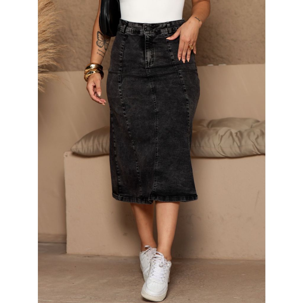 Saia Midi Jeans Evasê Rodada Sarja Modesta Culto Igreja Escritório