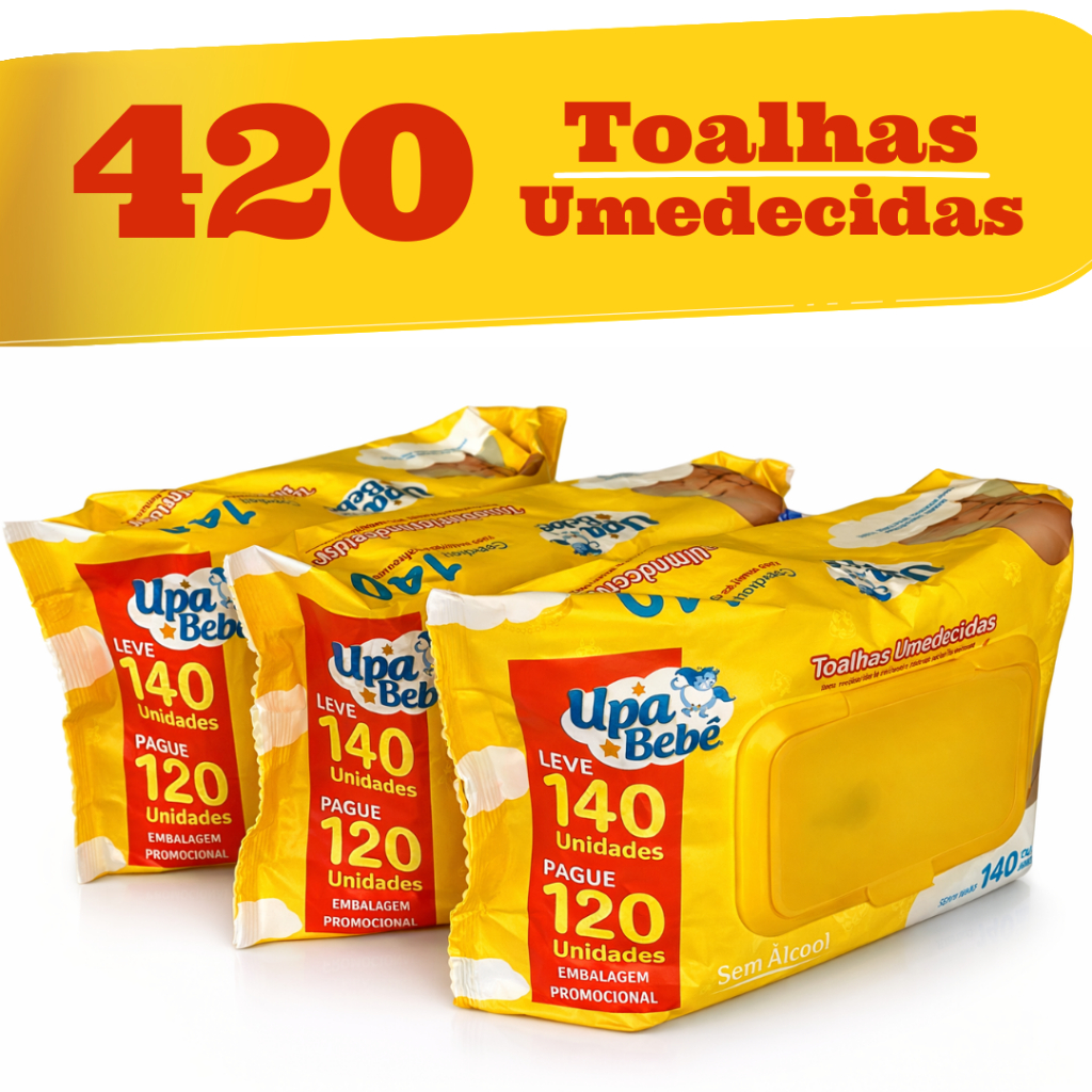 Kit 420 Toalhas Umedecidas Upa Bebê Lenço 3 Pacotes Sem Alcool Tampa Flip Pamp