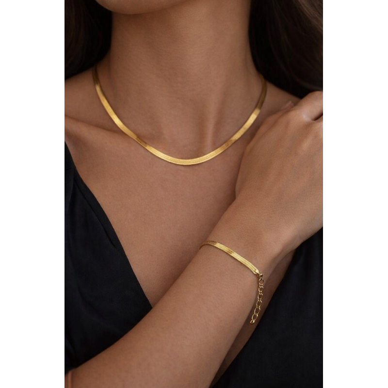 Conjunto Choker Colar Dourado Laminado Feminino e Pulseira Dourada Laminada