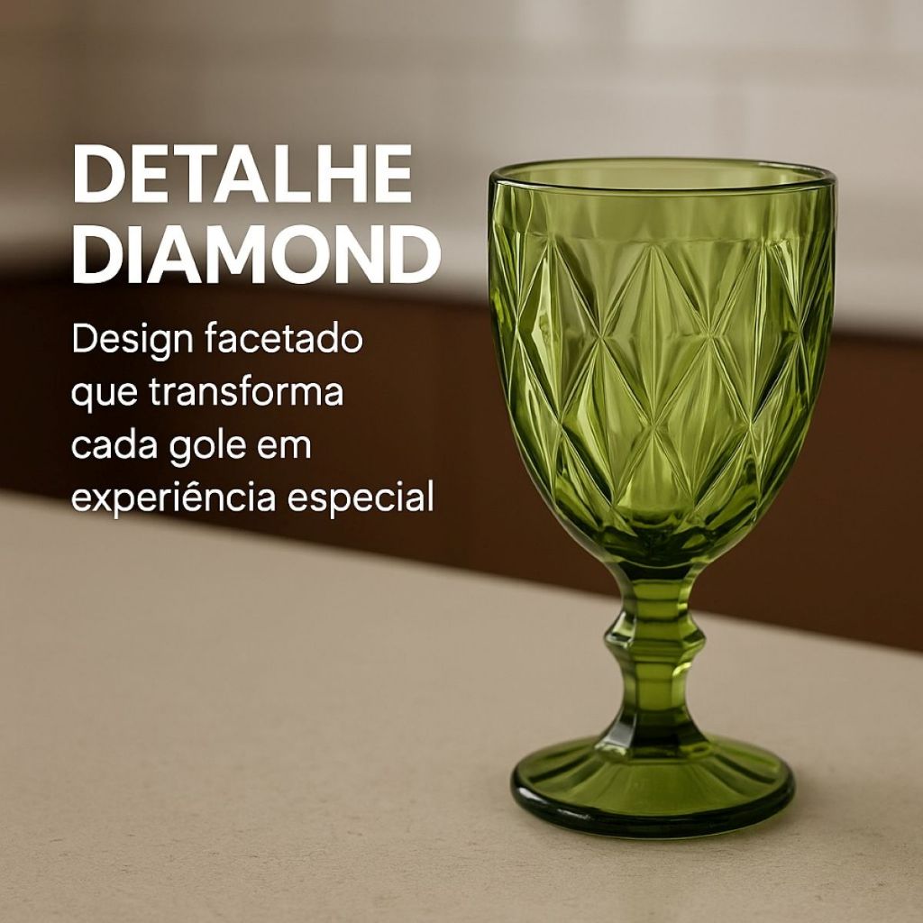 Detalhes do Jogo 6 Taças Diamond Verde 300ml Vidro Elegante Sofisticado Diamante Vinho Água Sofisticada