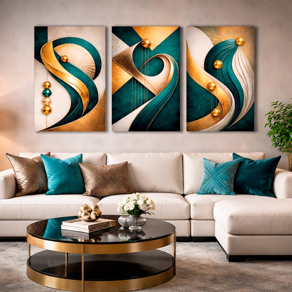 Detalhes do Quadros Decorativos Abstrato Verde Gold Moderno Sala Hall Quarto MDF 3mm