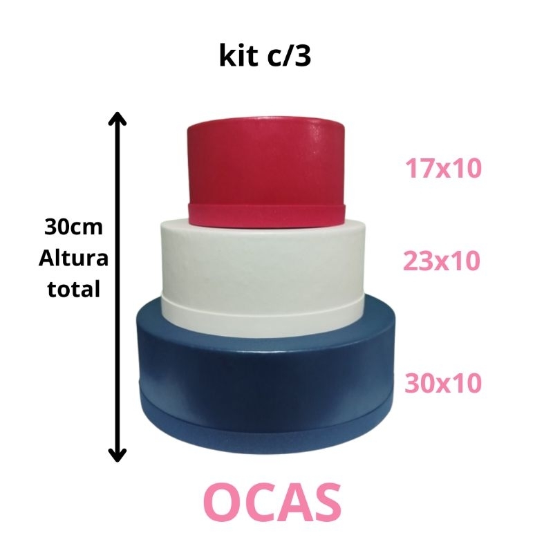 Base encapada em EVA com faixa de acabamento para Bolo Fake Kit 03 andares base redonda e oca em isopor