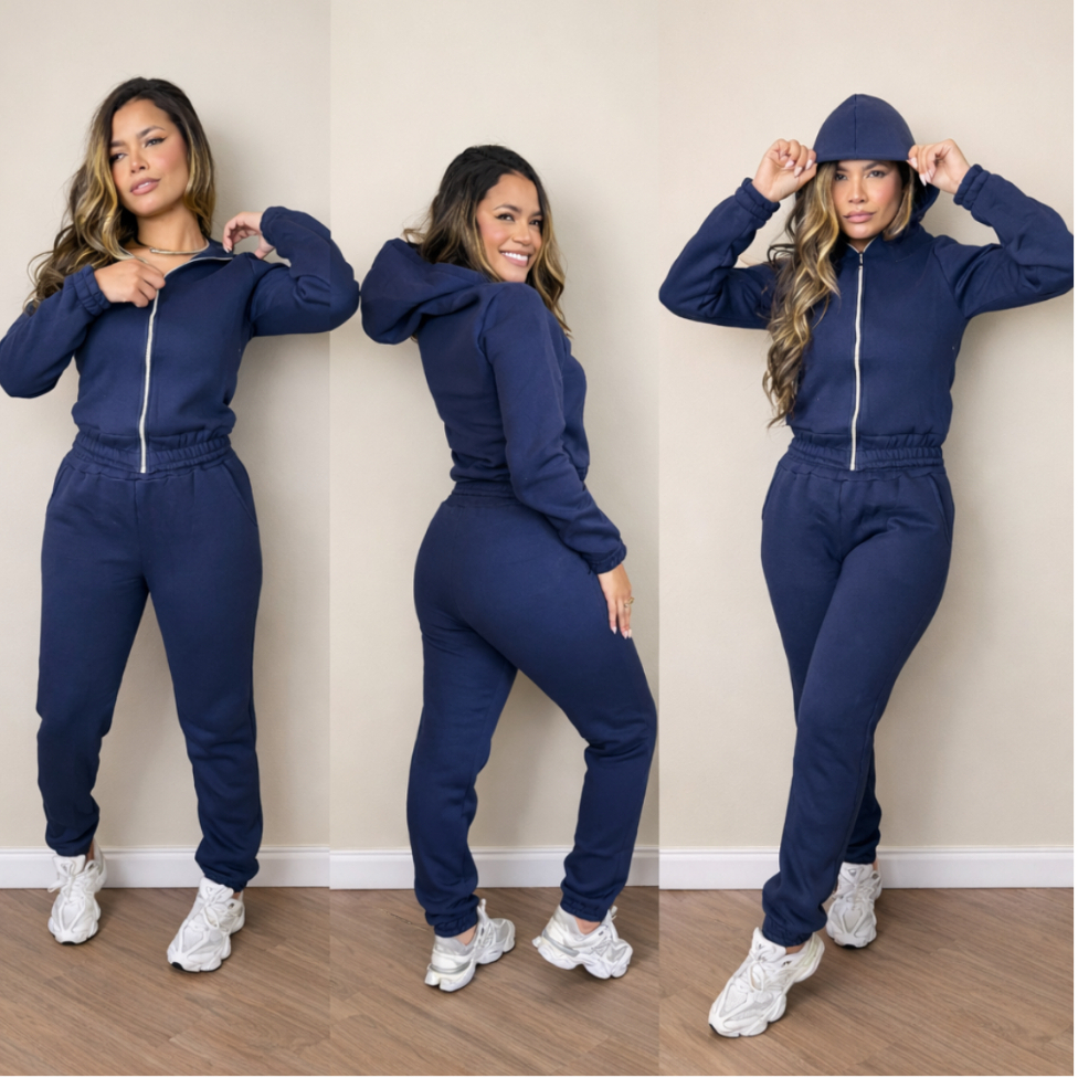 Conjunto Moletom Feminino Flanelado, com Zíper  Capuz Jaqueta Casaco  + Calça Moletom