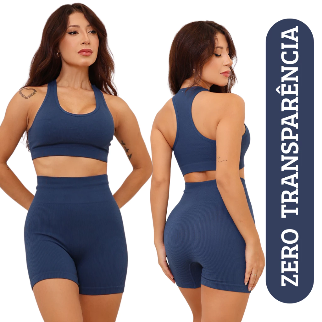 Conjunto Academia Canelado Poliamida Feminino Fitness Alta Compressão Top + Shorts Zero Transparência Cintura Alta