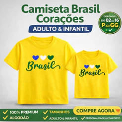 Camiseta Brasil Corações Infantil e Adulto 100% Algodão Seleção Copa Futebol Blusa Premium Juvenil