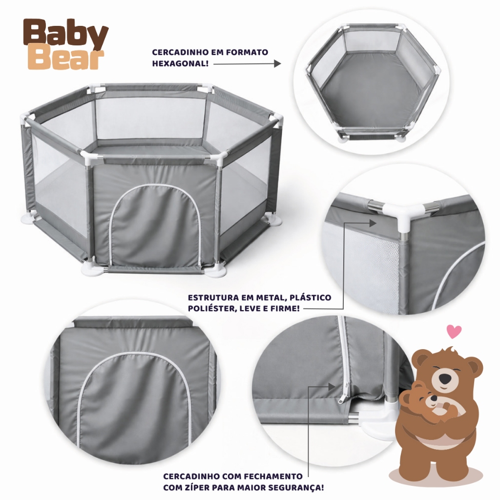 Cercadinho Para Bebê Baby Bear Cinza Chiqueirinho Infantil Resistente Seguro Dobrável — imagem 2 de 2