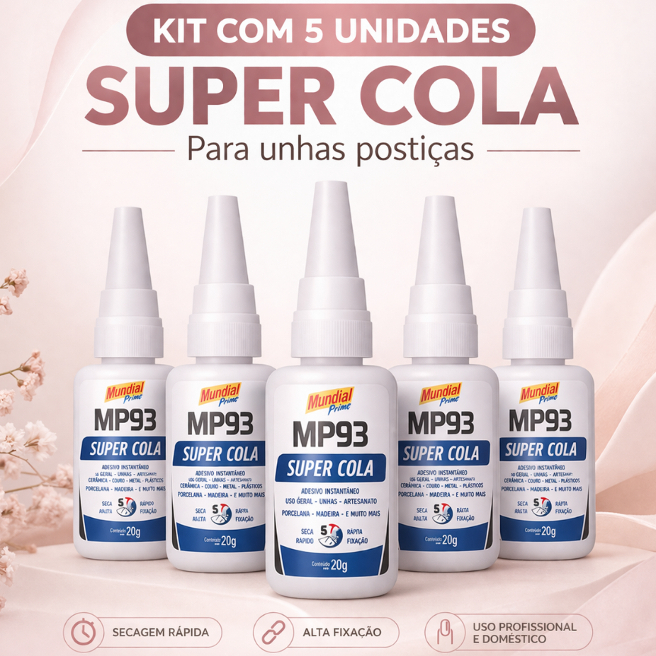 Kit 5 Cola Instantânea Para Unha Postiça Fibra E Pedrarias Bico Fino Fácil Aplicação Super Forte Uso Geral Mundial Prime