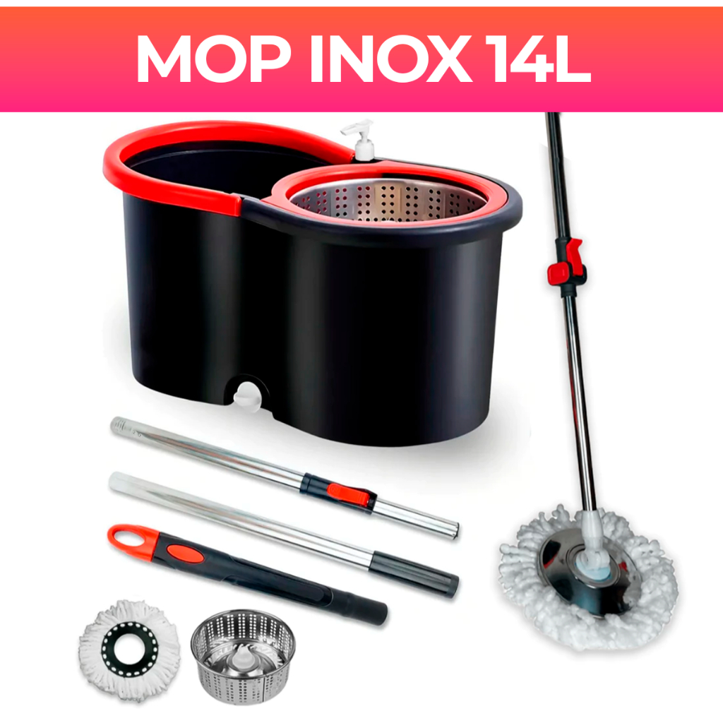 Mop Giratorio Cabo Inox limpeza Cesto Em Inox 14 Lt -Balde Esfregão 360 Universal Original