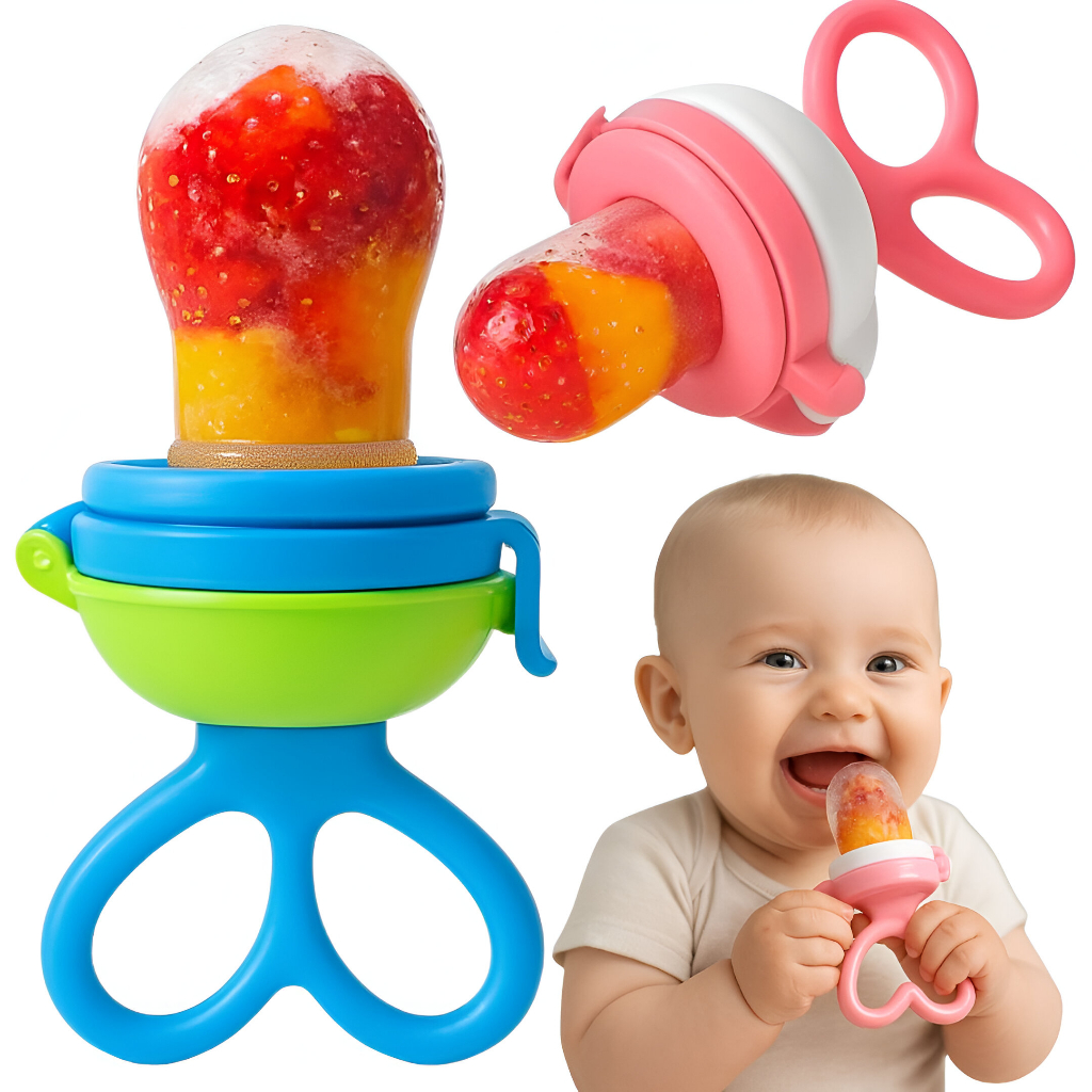 Chupeta Mordedor Alimentadora Bebê De Silicone Porta Fruta Azul e Rosa