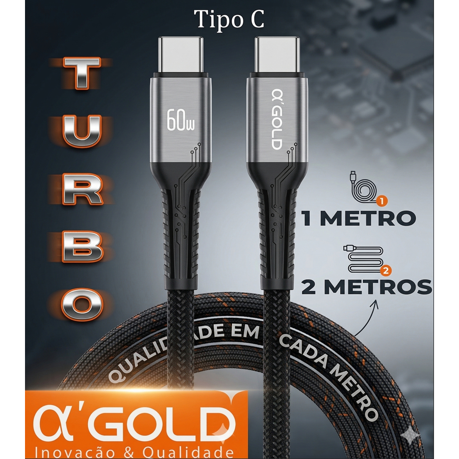 KIT Cabo Turbo 60W USB-C Tipo C 2 pontas ORIGINAL A'Gold para ANDROID 1 METRO