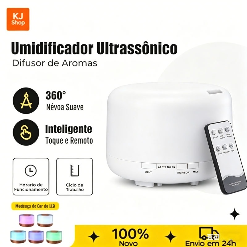 Umidificador de Ar Difusor de Aromas 500ml Óleo Essencial Aromaterapia Com Controle e Led 7 Cores