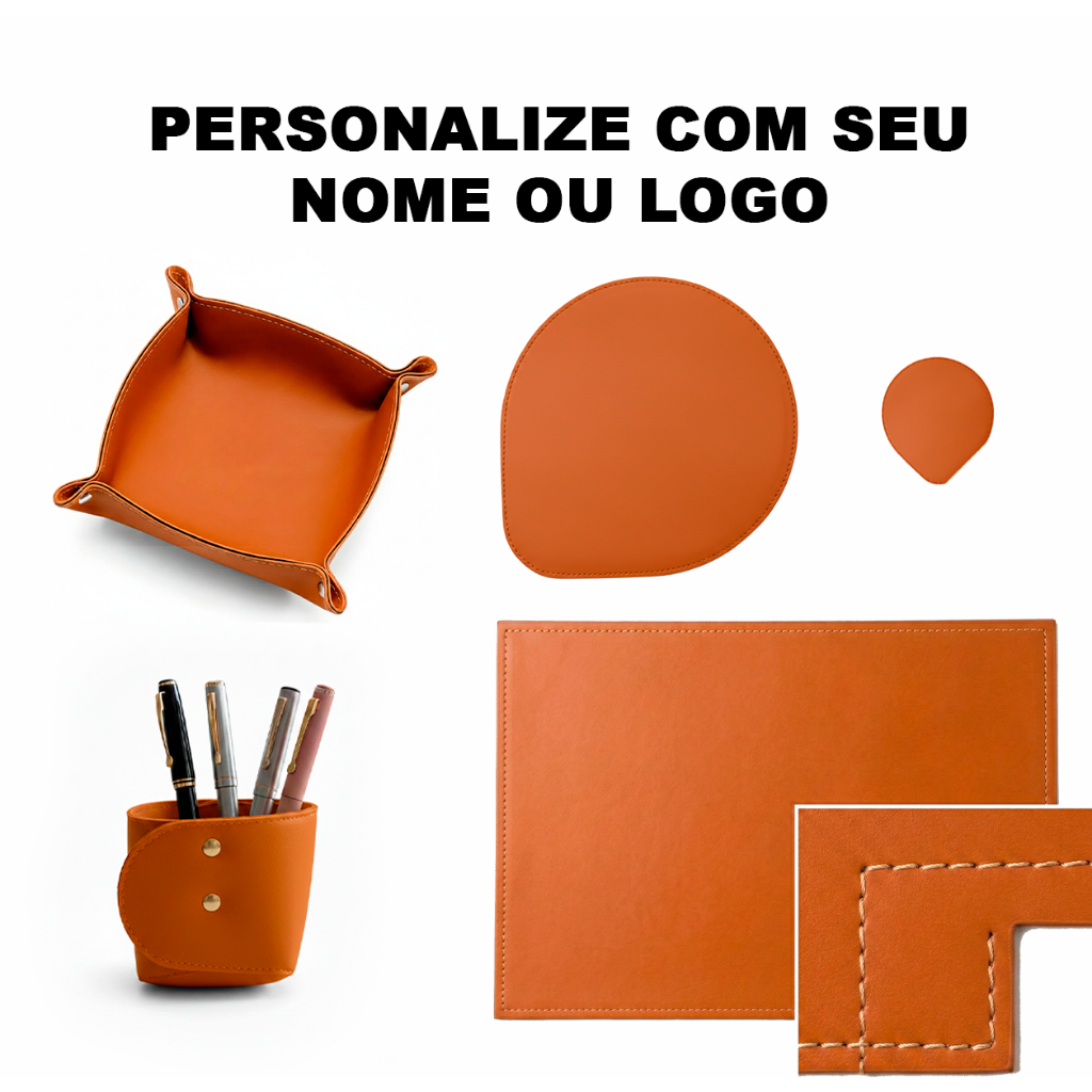 Kit Escritório 5 peças Personalizado Mousepad + Deskpad + Porta Treco + Porta Canetas + Porta Copo Couro Sintético