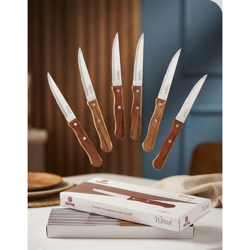 Conjunto 6 Facas 5" Mundial Inox Cabo Madeira Wood Churrasco Cozinha Corte Preciso Profissional