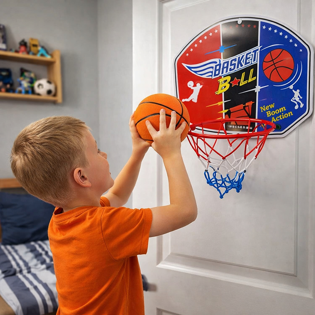 Kit Tabela Basquete Infantil Mini Cesta Com Bola Aro Rede Bomba Parede Porta Brinquedo Treino