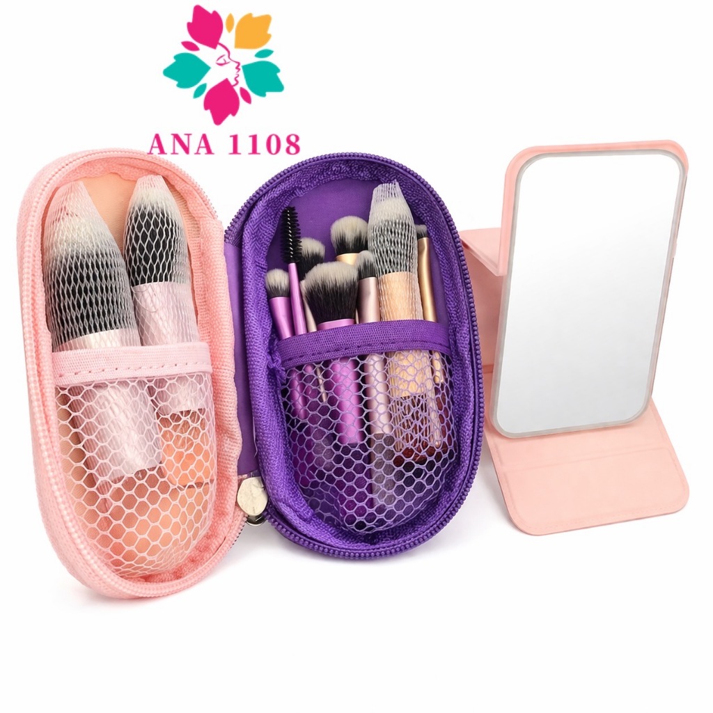 ANA 1108 Kit Mini Maquiagem 10 Pincéis + Espelho Dobrável Portátil Profissional (Cor Aleatória) Portátil-Rosa Glam