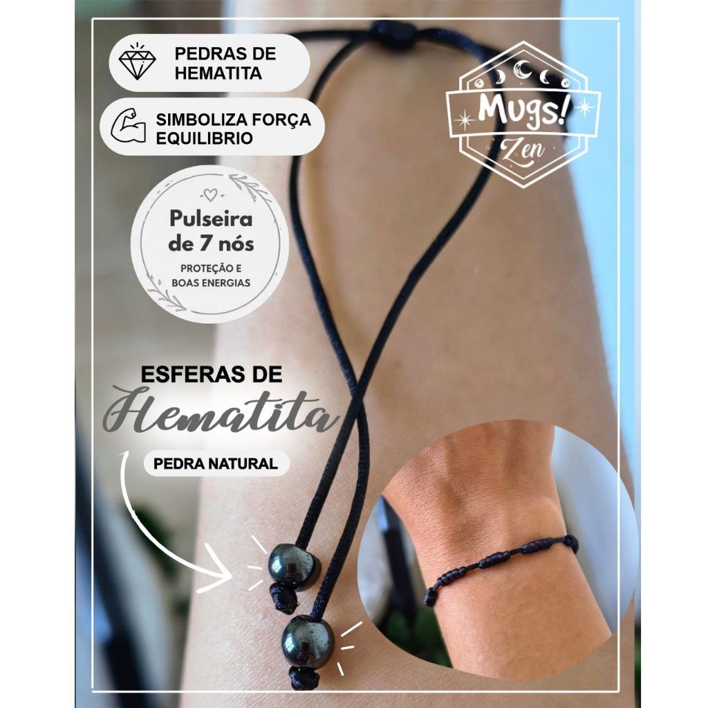Pulseira 7 nós preta com Hematita__original para força e equilibrio Pulseira Kabballah  - MOD1200